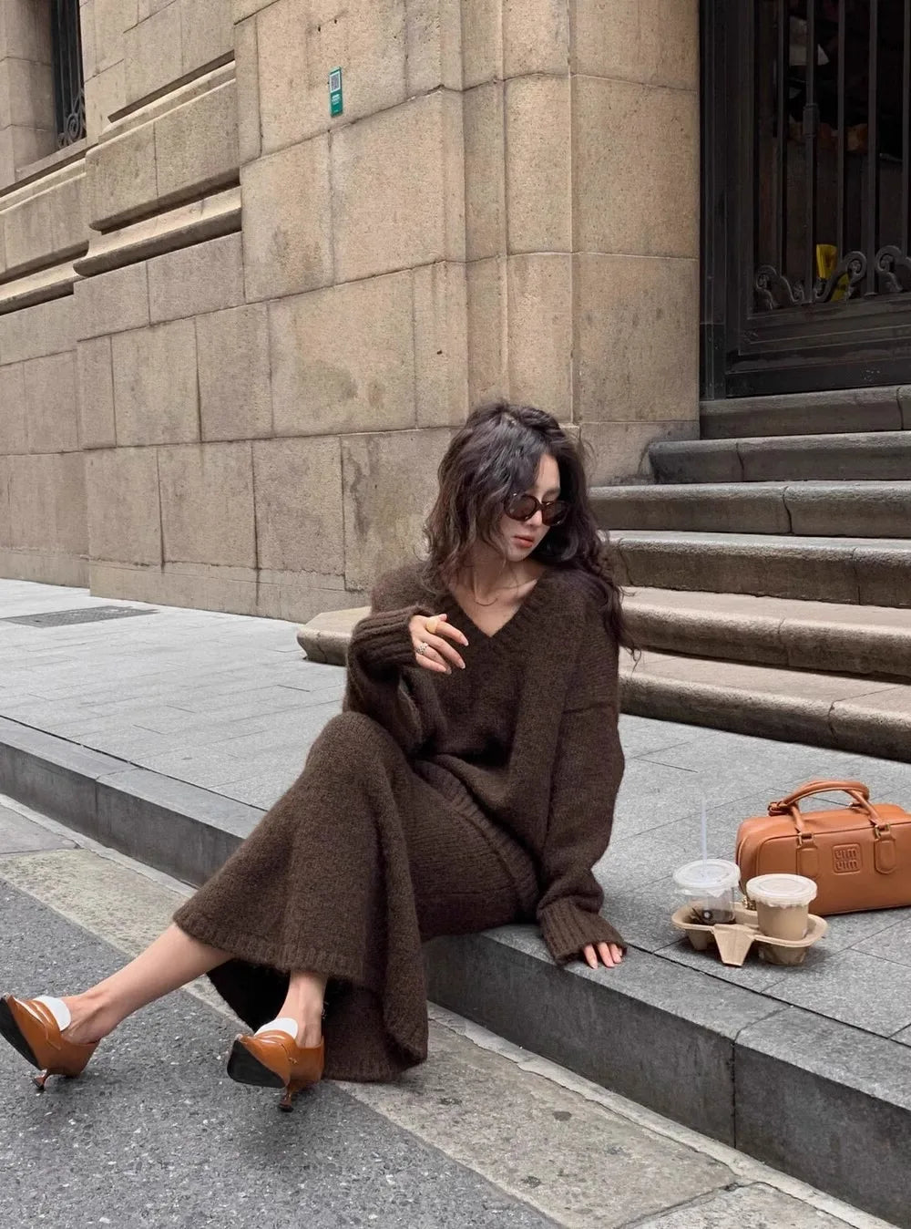 Elegant Solid Sweater Skirts Suits for Women Autumn Winter Fashion V-Neck Pullover Knitted Top Loose Skirt Casual Two Pieces Set