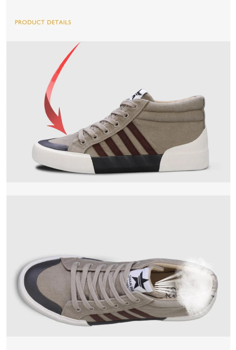 Spring Classic Stripes Black Canvas Sneakers Men Comfort High Top Skate Shoes Men Espadrilles Non-Slip Flat Vulcanized Shoes Men