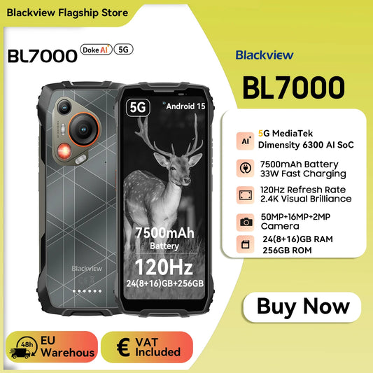 BLACKVIEW BL7000 5G AI Rugged Phone Deepseek GPT Android 15 Smartphone, 6.78" HD+2.4K Display 120Hz, 24(8+16)GB 256GB, 7500Amh
