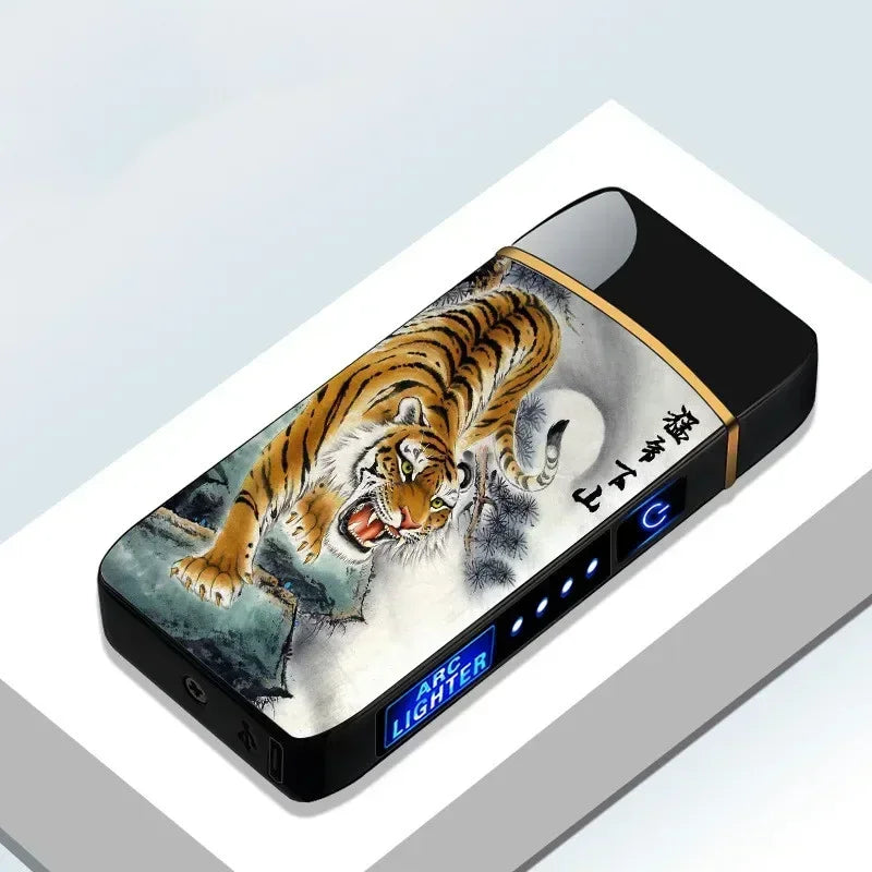 全新電動防風金屬打火機雙弧無焰等離子可充電USB打火機LED電量顯示觸控打火機禮物