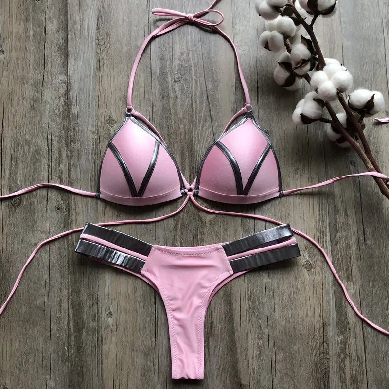 Contrast Trim Wrap Lace Up Bikini Sets Swimsuit For Women High Waist Two Pieces Swimwear 2022 Beach Bathing Suits