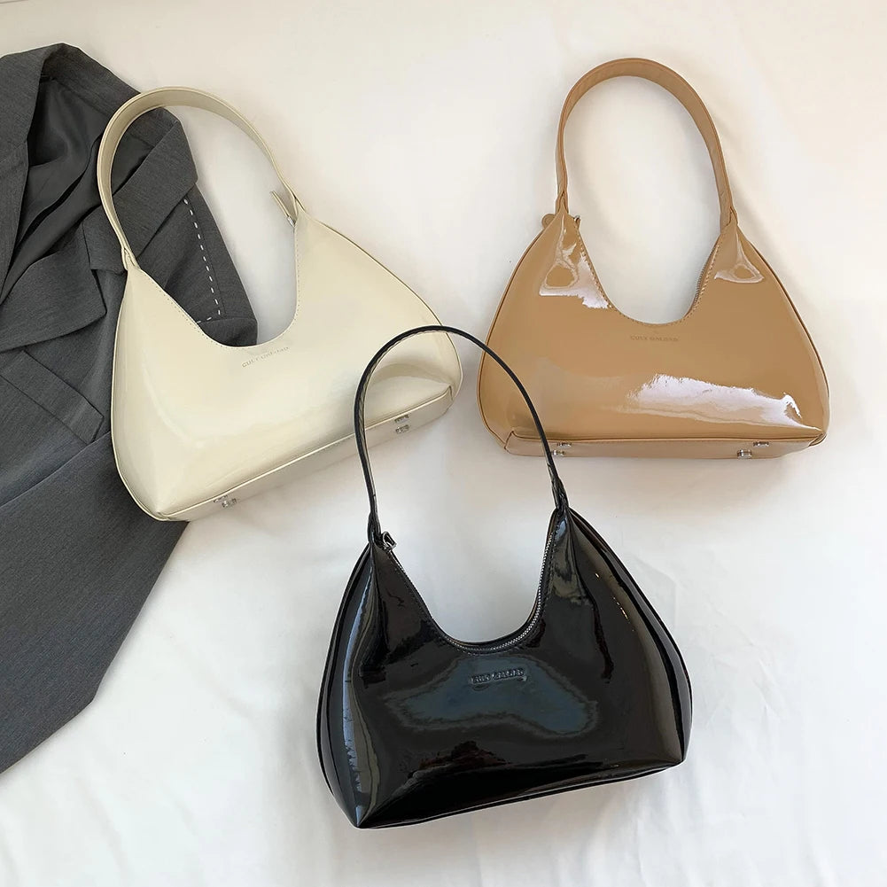 Women Patent Leather Tote Bag Versatile Fashion Shoulder Bag Casual Satchel Hobo Bag Underarm Bag Girl Zipper Small Handbags