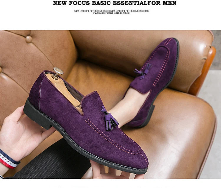 Brand Design Men Suede Leather Shoes Moccasins Purple Tassel Pointed Men's Loafers Vintage Slip-on Casual Men Social Dress Shoe