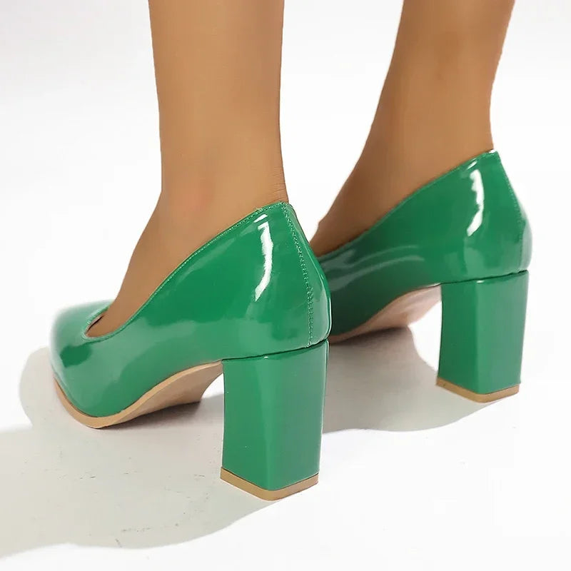 Women Shoes Green Chunky Heel High Heels Sexy Pointed Toe 7Cm Pumps Wedding Dress Shoes Rubber Bottom High Heels Ladies