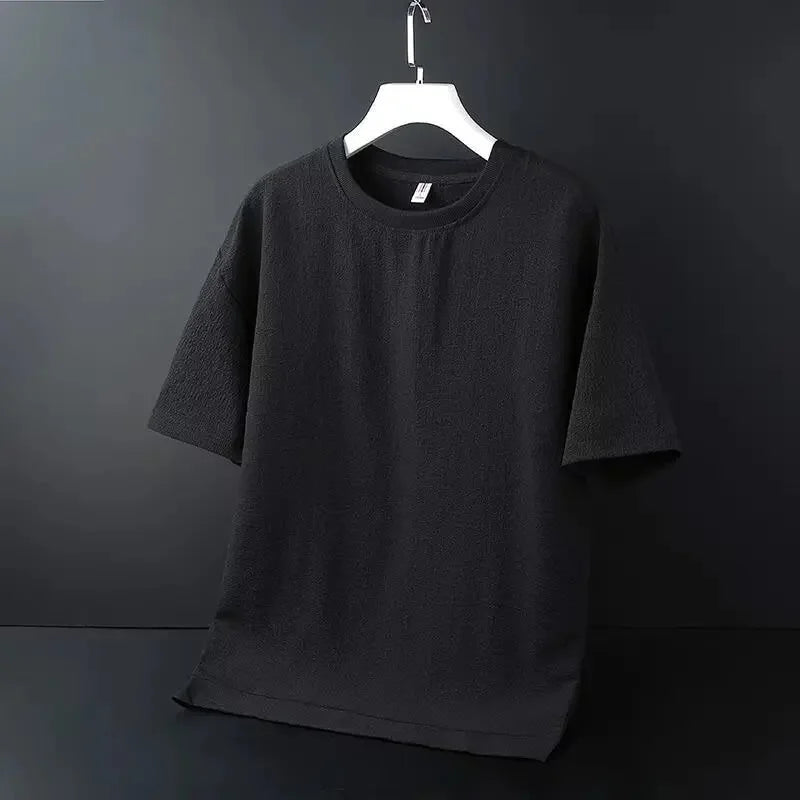 冰絲男士夏季新款短袖休閒運動套裝V領半袖T卹配褲子兩件套薄款衣服