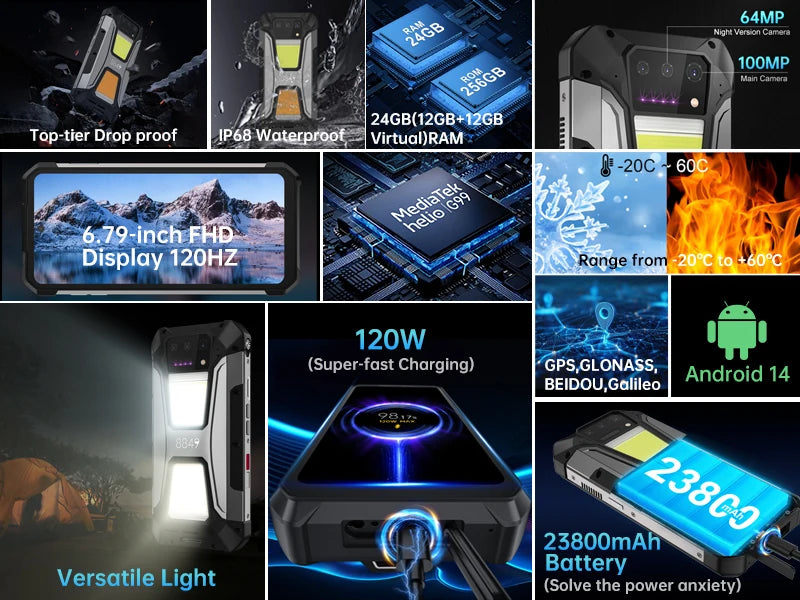 8849 Tank 2 PRO Unihertz Rugged Smartphone 24GB 512GB 100MP Rear Camera 23800mAh 120W Android 14 Dual Sim NFC OTG Cell Phone