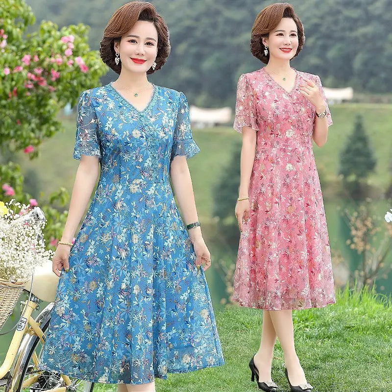 Women Summer Casual Dress Ladies Middle-aged Print Short Sleeve Pleated Dresses Female Vintage V-neck Vestidos