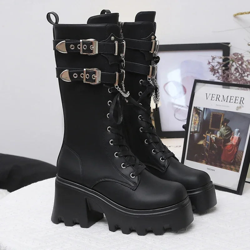 Autumn Women Punk Style Platform Mid-calf Boots Thick Sole Leather Motorcycle Boots 9CM Chunky Metal Buckle Short Boots Woman