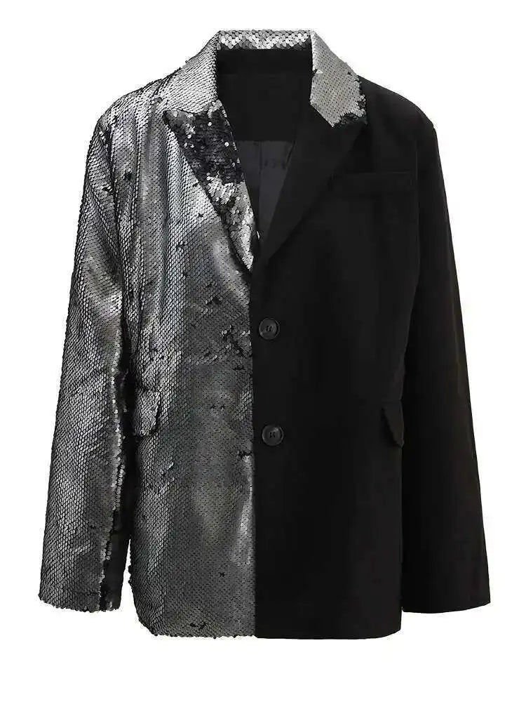 EAM Black Color-block Sequins Big Size Blazer Women New Lapel Long Sleeve Jacket Fashion Tide Spring Autumn 2025 CPG1490