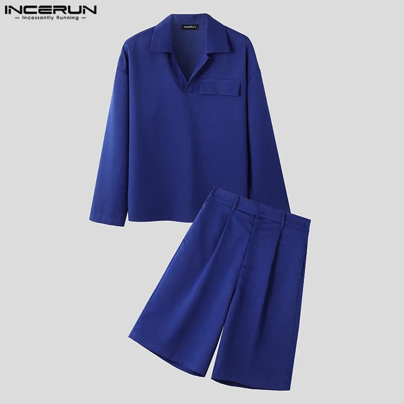 INCERUN 男士套裝純色時尚翻領兩件式西裝 2 件長袖上衣 T 卹短褲街頭潮流男裝