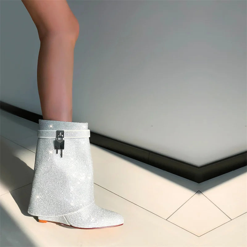 Onlymaker Women Rhinestone Fold Over Lock Shark Skirt Boots Pointed Toe Heel Thick High Heel Female Booties