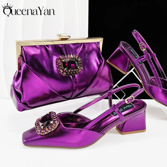 Queena Yan 2025 Nigerian Heel Party for Women Purple Color Shoes and Bag Set Rhinestone Handbag Italian Design Wedding