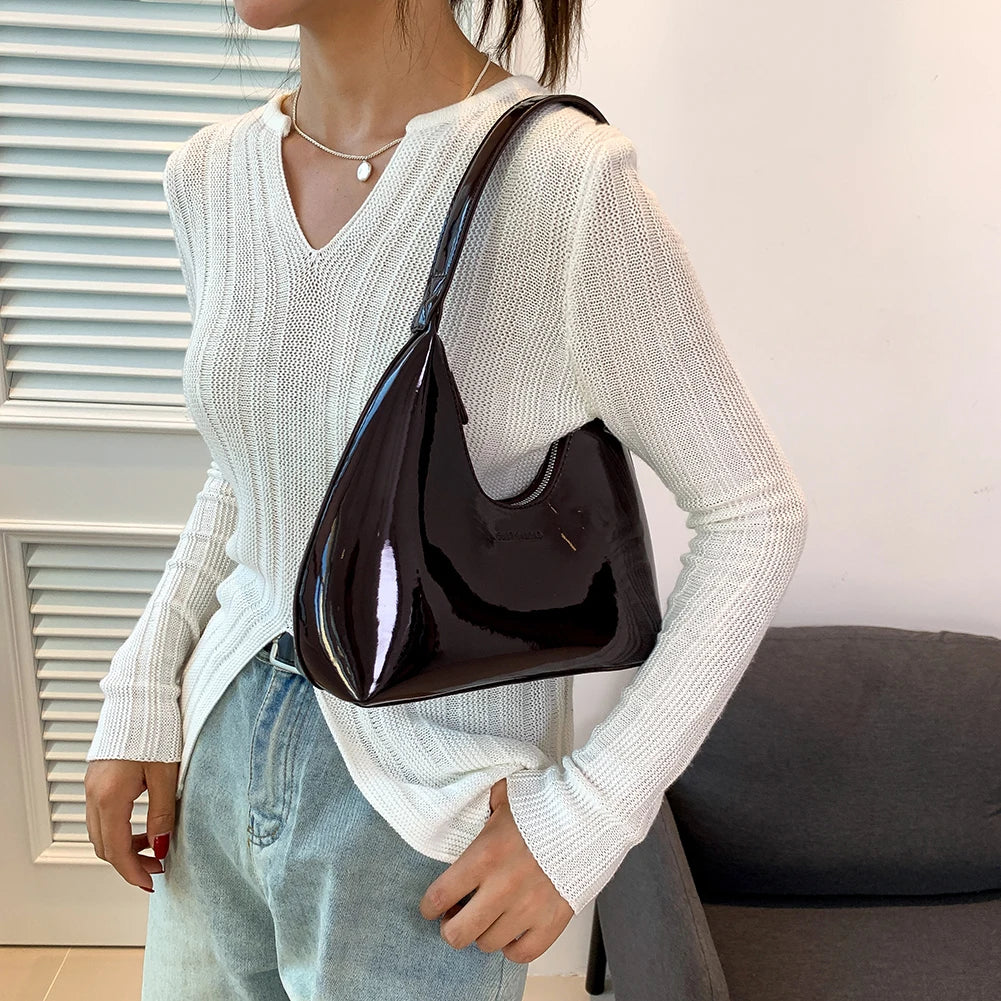 Women Patent Leather Tote Bag Versatile Fashion Shoulder Bag Casual Satchel Hobo Bag Underarm Bag Girl Zipper Small Handbags