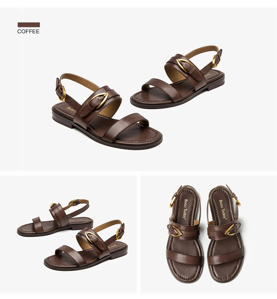 BEAUTODAY Flat Sandals Genuine Leather Metal Buckle Decro Slingback Low Heel Summer Retro Ladies Shoes 32426