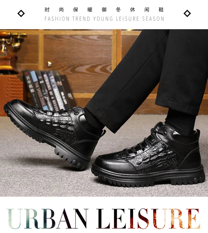 Men Genuine Leather Crocodile Print Sneakers Men's Casual Shoes Luxury British Fashion Leather Shoes Wool Inside Warm Snow Boots