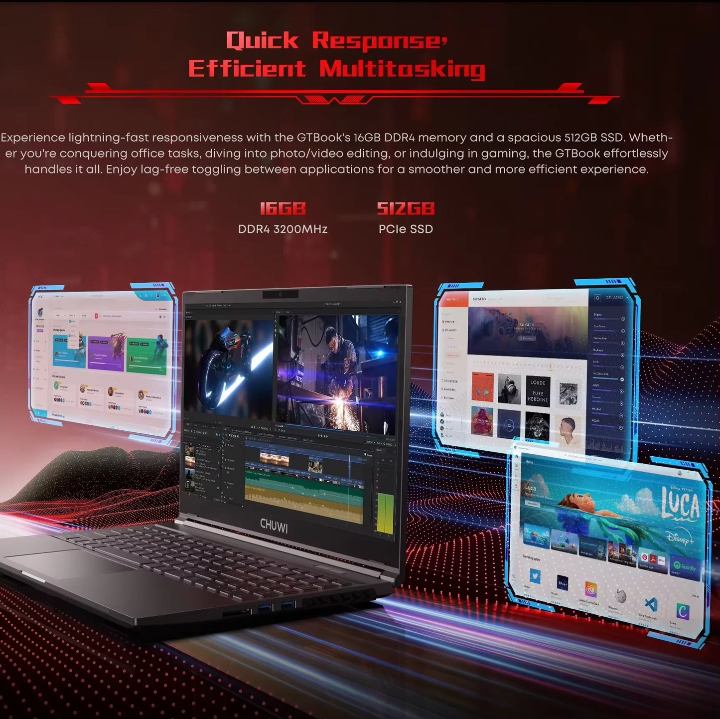 CHUWI GTBook Laptop Intel i5-12450H RTX 3050 15.6 Inch 144Hz 16GB DDR4 512GB SSD Windows 11 Pro WIFI 6 M.2 Up To 1T RJ45*1