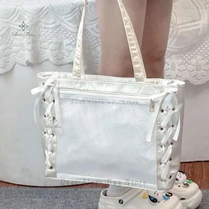 Japanese Sweet Women Ribbon Ita Bag Cute Lolita Girl Transparent Handbags Fashion Large Capacity Tote Bag Aesthetic Shoulder Bag