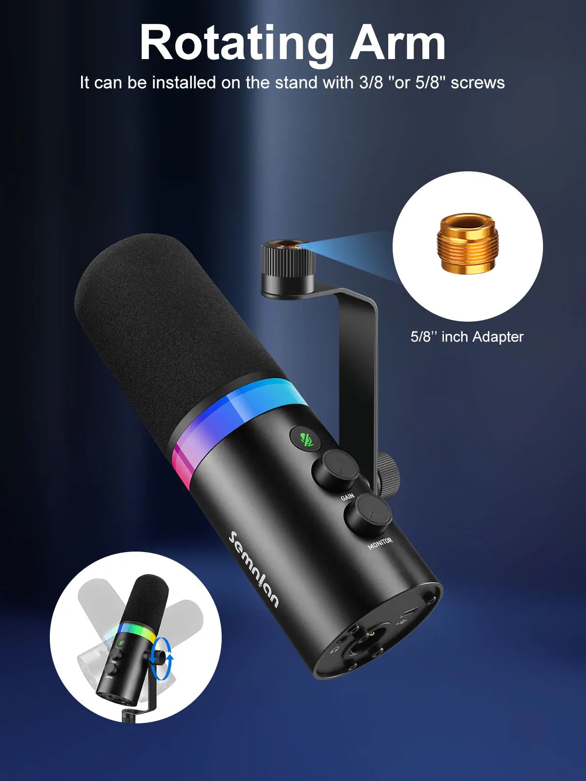 SEMNLAN USB/XLR Dynamic Microphone Touch-mute Headphone Jack&Volume Control,for Youtube PC Game Sound Card Recording Metal -LM20