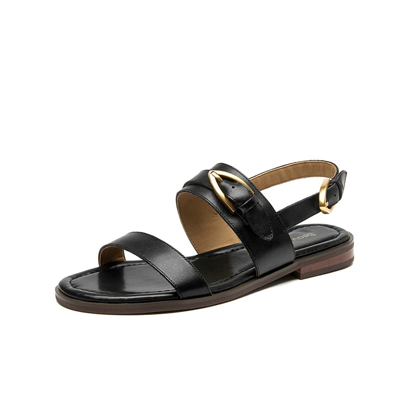 BEAUTODAY Flat Sandals Genuine Leather Metal Buckle Decro Slingback Low Heel Summer Retro Ladies Shoes 32426