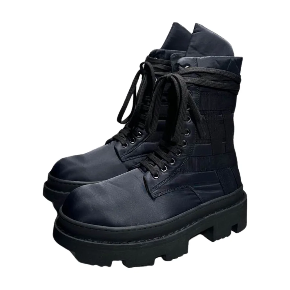 Men High Top Shoes Platform Sneakers Canvas Lace Up Heels Luxury Vintage Trendy Designer Motorcycle Boots Black