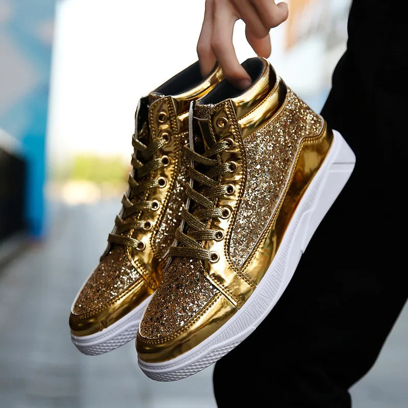 Men's Boots Nightclubs Fashiona Sequins With Diamonds Gold Leather Boots Trendy High Top Sports Casual Shoes Large Size 38-48