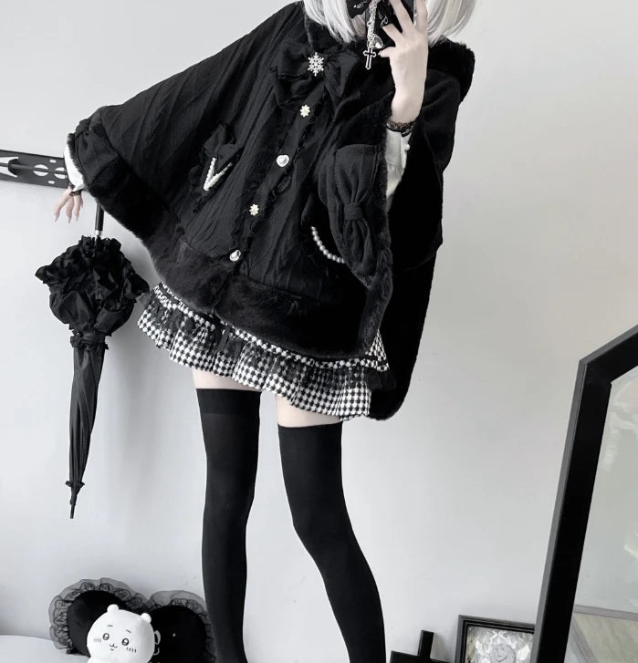 Japanese Style New Winter Mass Production Mine Series Velvet Rabbit Ear Cape Sweet Bow Knitted Furry Cloak Warm Jacket Coat