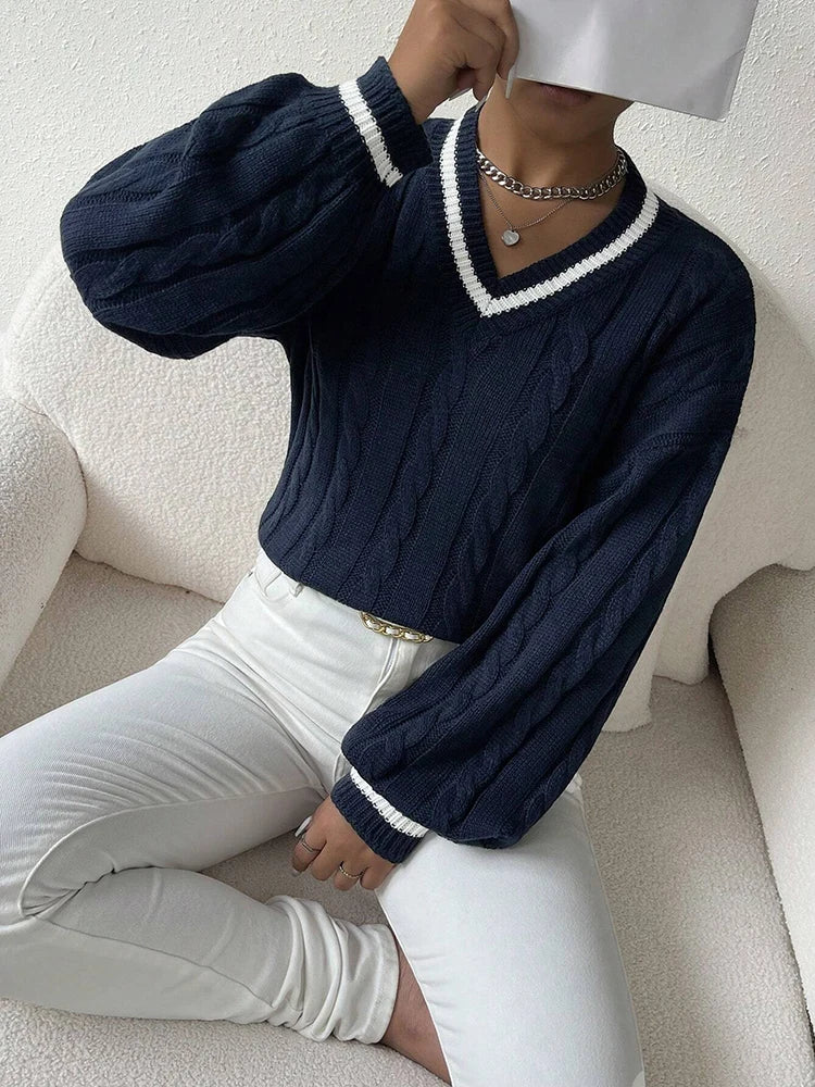 Fashionable and elegant V-neck top Women's Fried Dough Twists intercolor knitwear Long sleeve loose