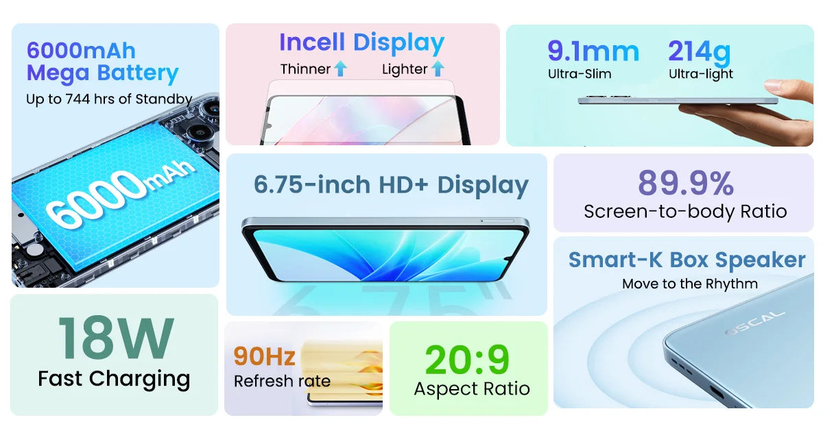 Oscal MODERN 8 Smartphone 6.75 inch Display 8GB+128GB/256GB,50MP Rear Camera Mobile Phone 18W Fast Charging 6000mAh
