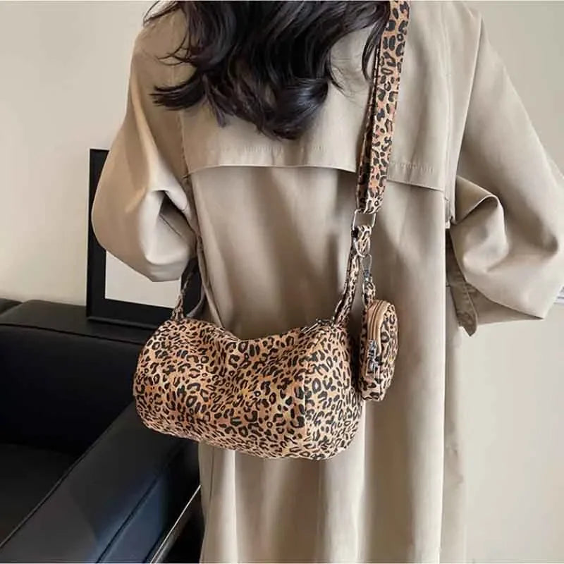 Korean Version Niche Leopard Print Canvas Armpit Bag for Women New Trendy Fashion Shoulder Bag Commuting Versatile Pillow Bag