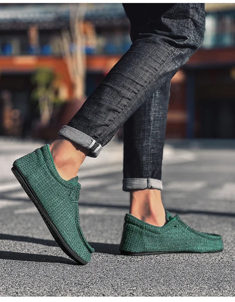 YRZL Summer Men's Canvas Boat Shoes Moccasins Casual Loafers Mens Slip-on Green Lightweight Breathable Comfortable Driving Shoe