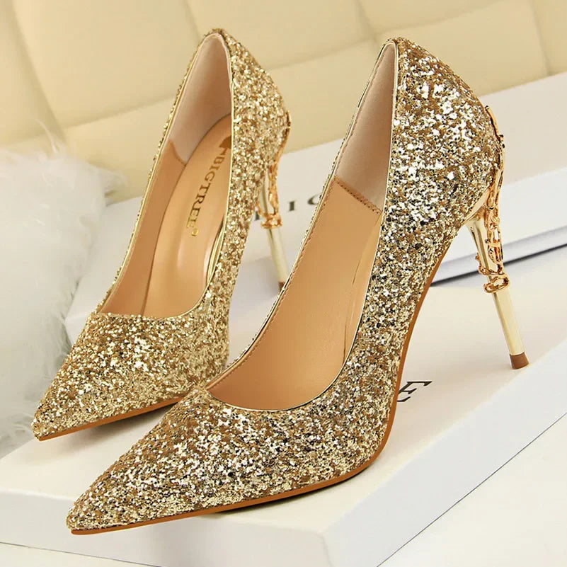 Women 9.5cm High Heels Pumps Lady Wedding Bridal Gold Silver Stiletto Heels Nightclub Event Party Sparkly Sequins Bling Shoes