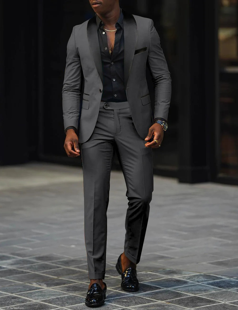 男士新款時尚商務休閒兩件式舒適透氣修身側開叉單扣西裝外套+褲子