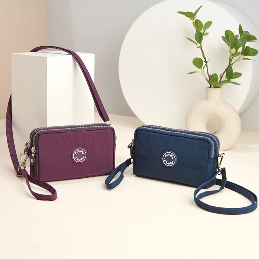 Fashion solid color triple zipper large capacity ladies crossbody travel portable popular zipper coin purse phone wallet