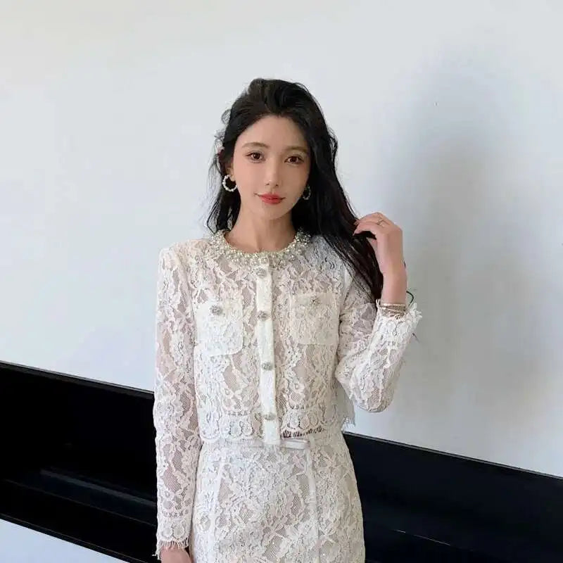 Luxury Lace Long Dress 2 Piece Sets Women 2025 Summer Holiday Hollow Out Embroidery Crystal Beaded Jackets Tops Maxi Skirt Suits