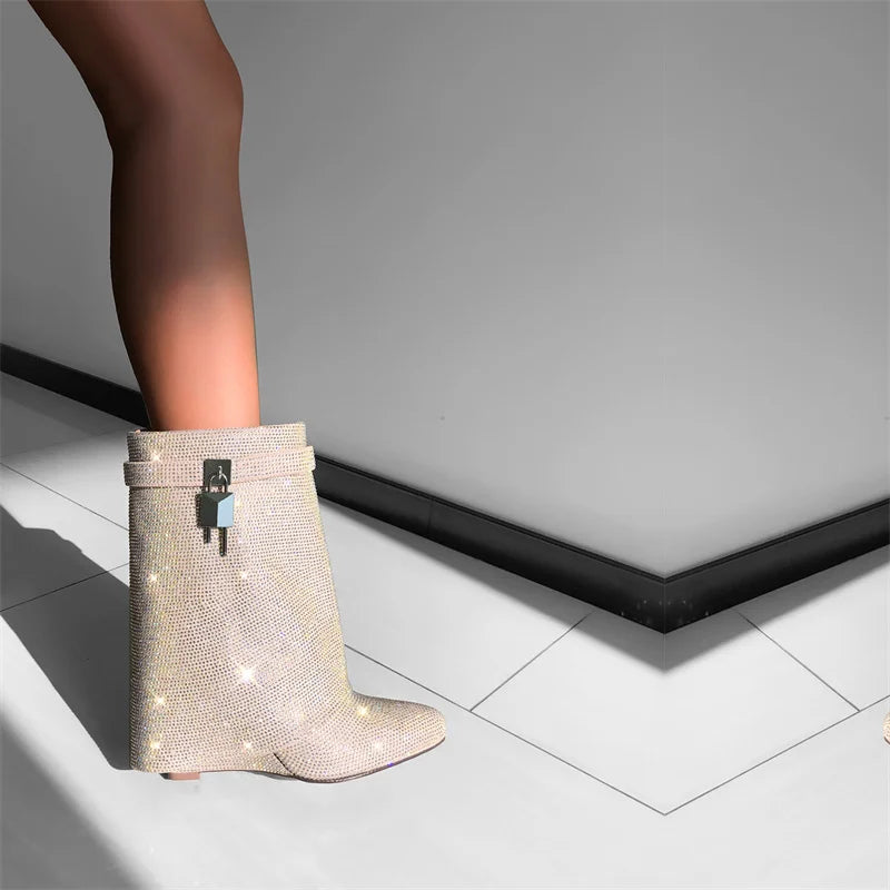 Onlymaker Women Rhinestone Fold Over Lock Shark Skirt Boots Pointed Toe Heel Thick High Heel Female Booties