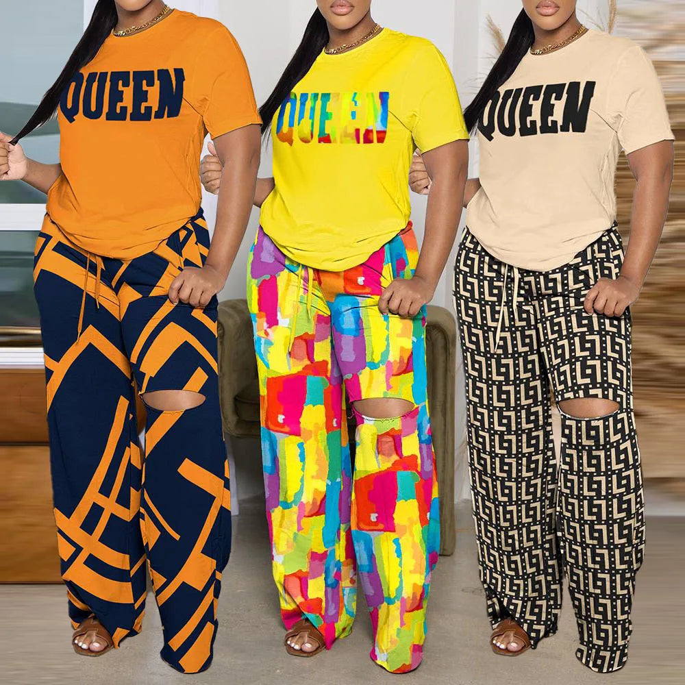Spring And Summer New Casual Printing Short Sleeve Wide Leg Pants Set Fashion Pants Loose T-shirt Set Women's Clothing