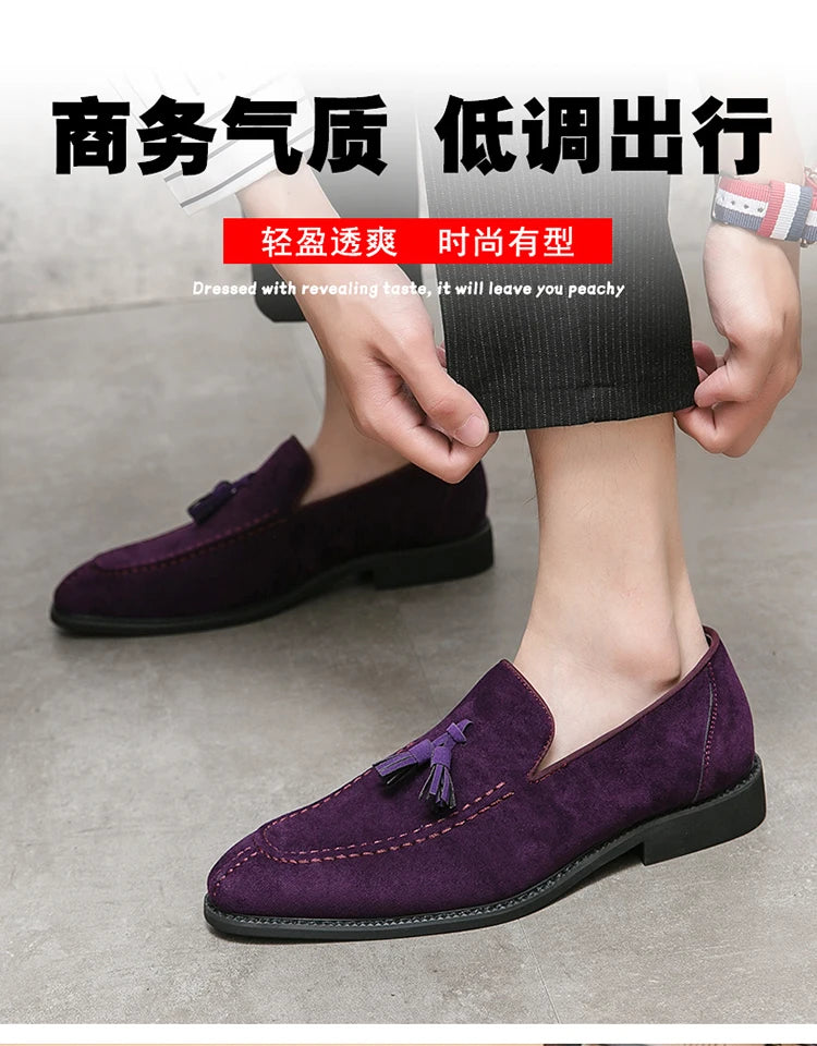 Brand Design Men Suede Leather Shoes Moccasins Purple Tassel Pointed Men's Loafers Vintage Slip-on Casual Men Social Dress Shoe