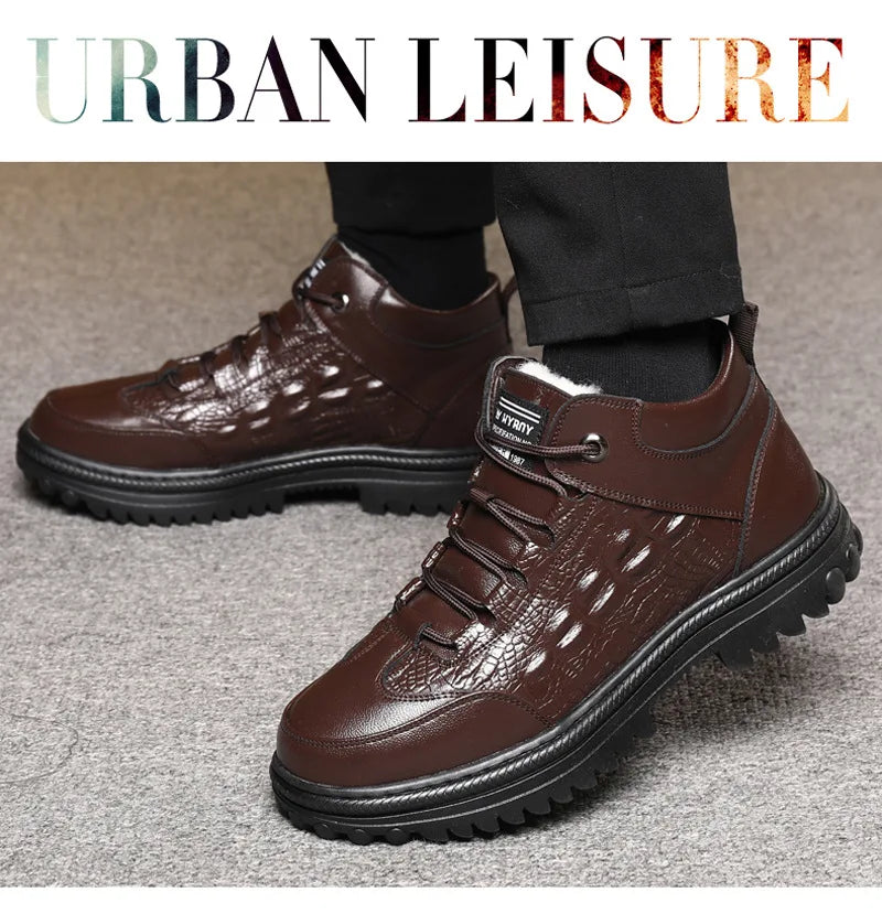Men Genuine Leather Crocodile Print Sneakers Men's Casual Shoes Luxury British Fashion Leather Shoes Wool Inside Warm Snow Boots