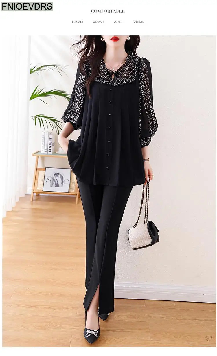 Loose Clothes Women 2024 Autumn Elegant Office Lady Casual Button Shirts Fake Two Piece Retro Vintage Bling Tops Blouses