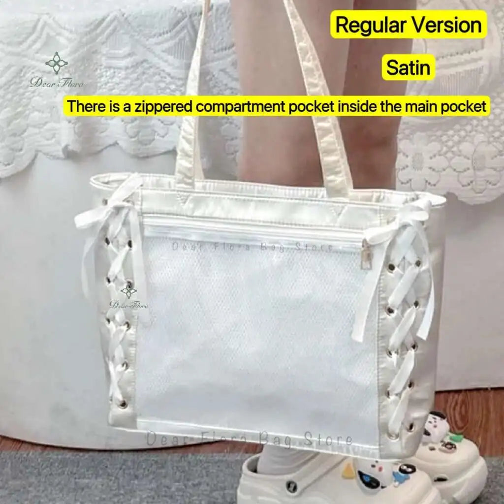 Japanese Sweet Women Ribbon Ita Bag Cute Lolita Girl Transparent Handbags Fashion Large Capacity Tote Bag Aesthetic Shoulder Bag