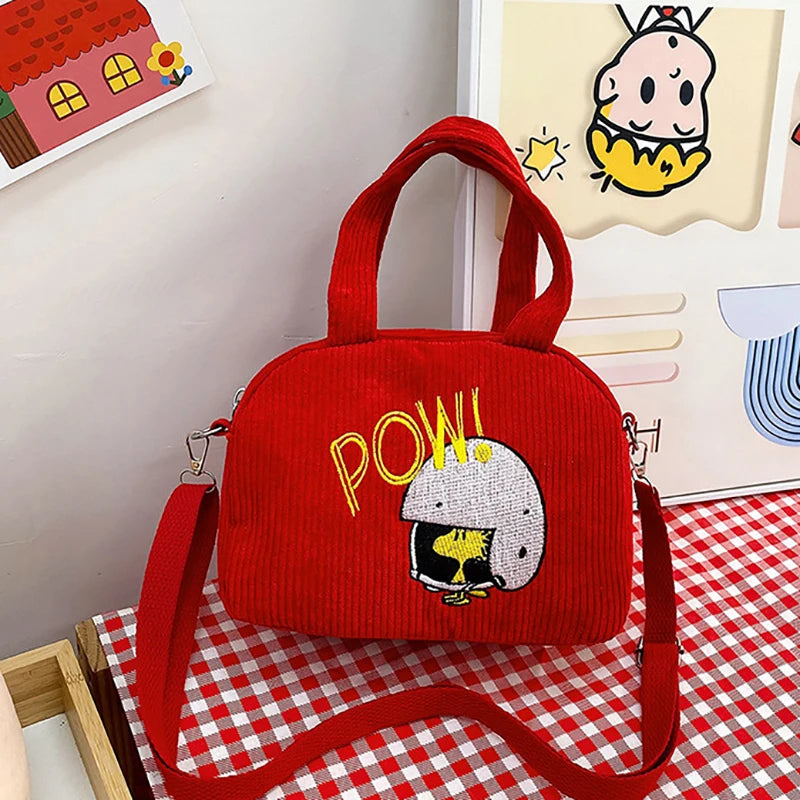 Corduroy Cartoon Shoulder Bag Cute Embroidered Handbag Women's Casual Crossbody Bag Adjustable Shoulder Straps