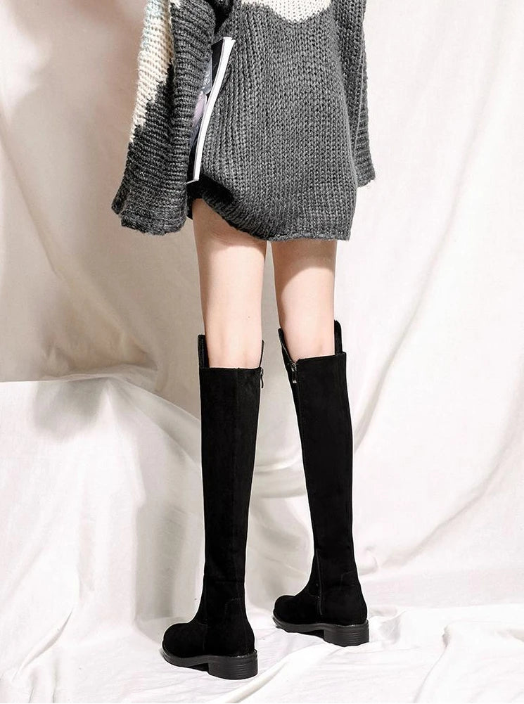 Shoes for Woman Middle Heel Footwear Winter Knee High Shaft Women's Boots Long Flat Gothic Spring Autumn Demi-season Quality Hot