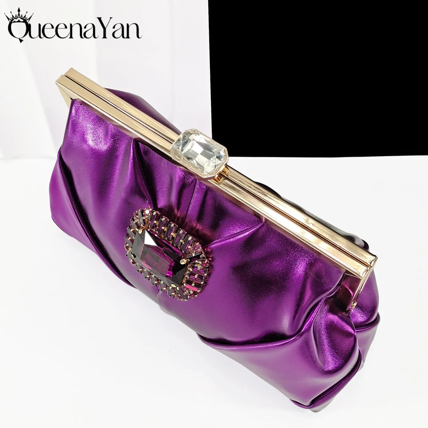 Queena Yan 2025 Nigerian Heel Party for Women Purple Color Shoes and Bag Set Rhinestone Handbag Italian Design Wedding