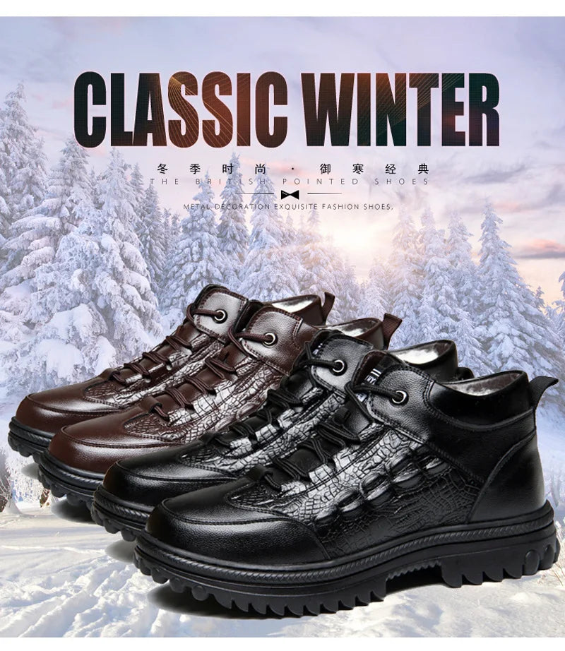 Men Genuine Leather Crocodile Print Sneakers Men's Casual Shoes Luxury British Fashion Leather Shoes Wool Inside Warm Snow Boots