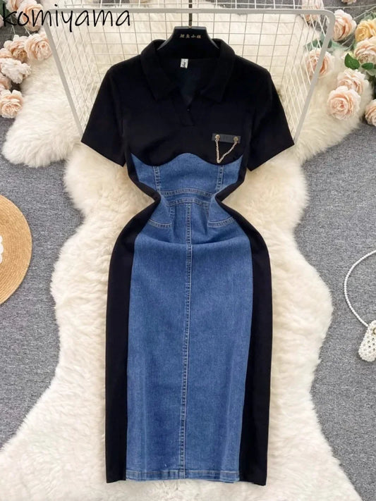 High Waist Bodycon Vestidos Mujer Women 2025 Dresses Contrast Fake Two Piece Dress Casual Fashion Vestido Temperament Robes