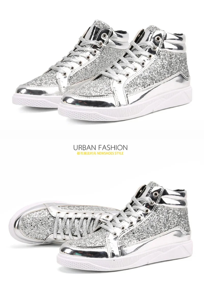 Men's Boots Nightclubs Fashiona Sequins With Diamonds Gold Leather Boots Trendy High Top Sports Casual Shoes Large Size 38-48