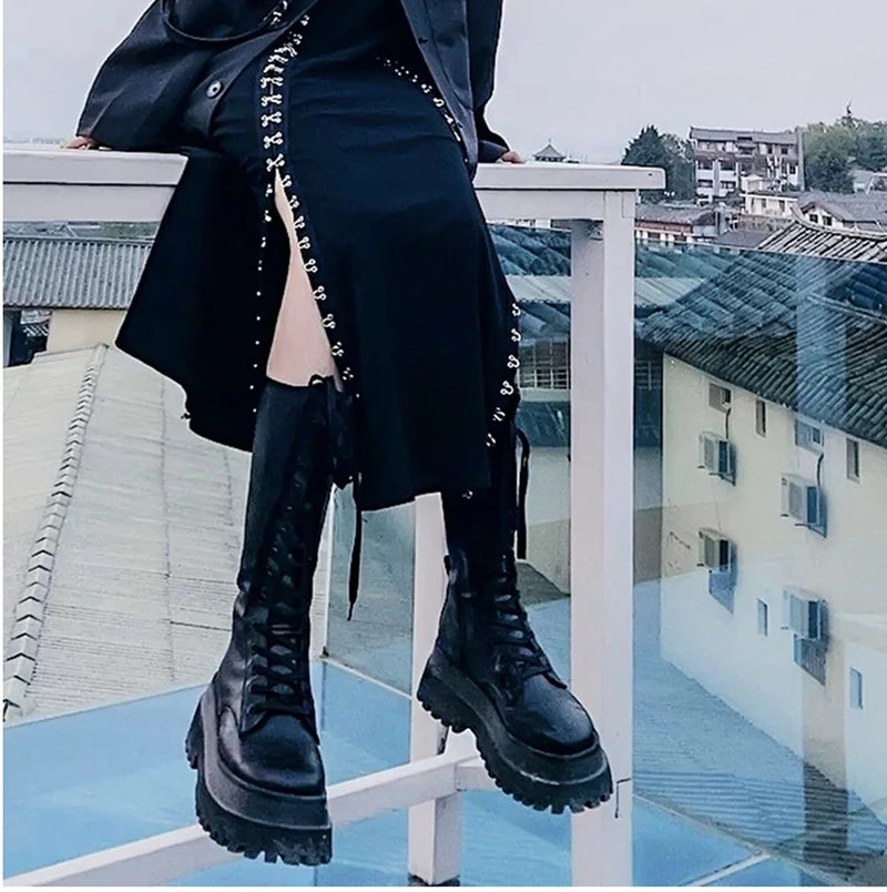 Chunky Women Motorcycle High Boots Fashion Lace Up Long Boots Platform Flats Autumn Winter Ladies Shoes