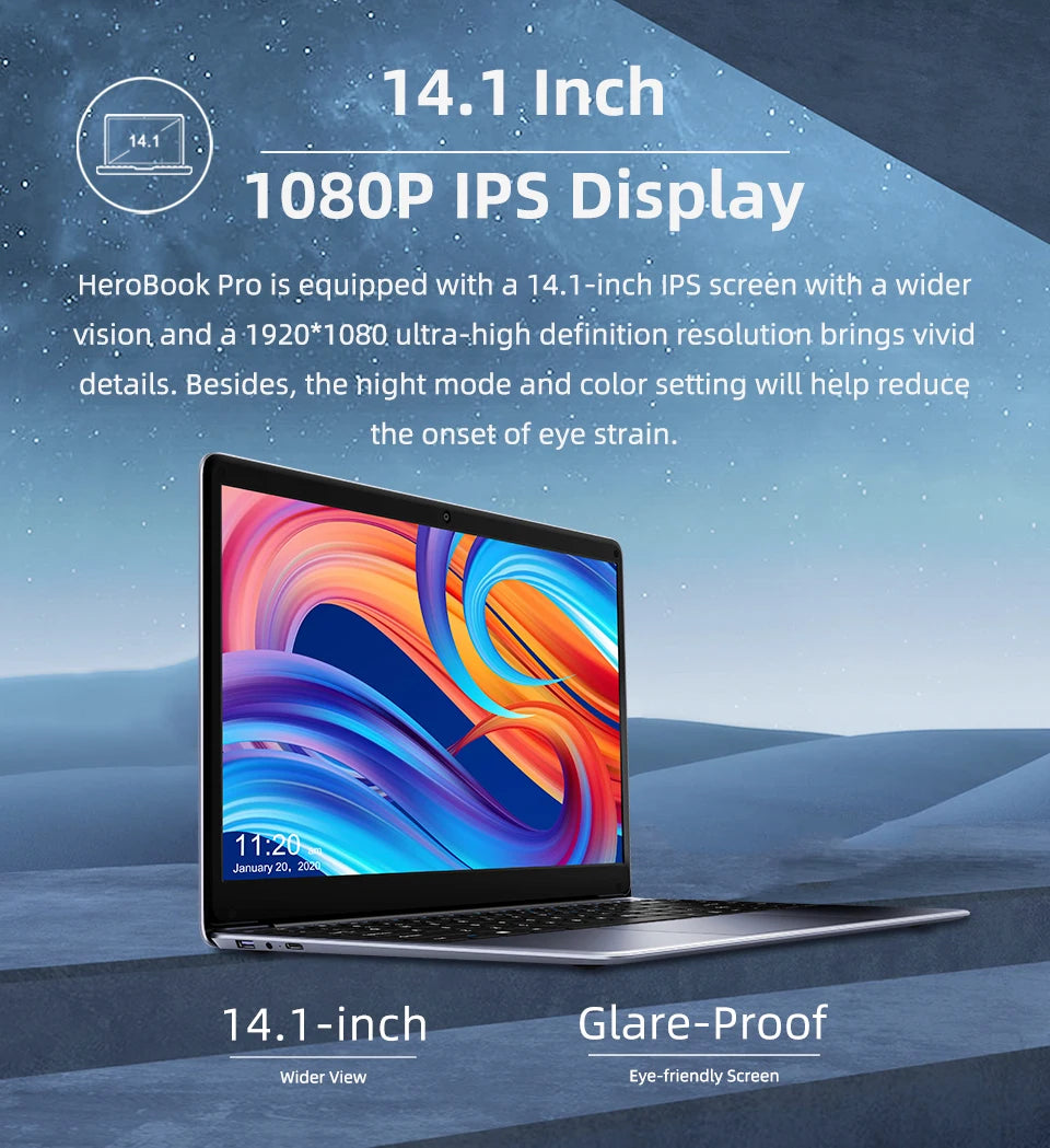 CHUWI HeroBook Pro Laptop 14.1 Inch FHD Screen Intel Celeron N4020 Dual Core UHD Graphics 600 GPU 8GB DDR4 256GB SSD Windows 11