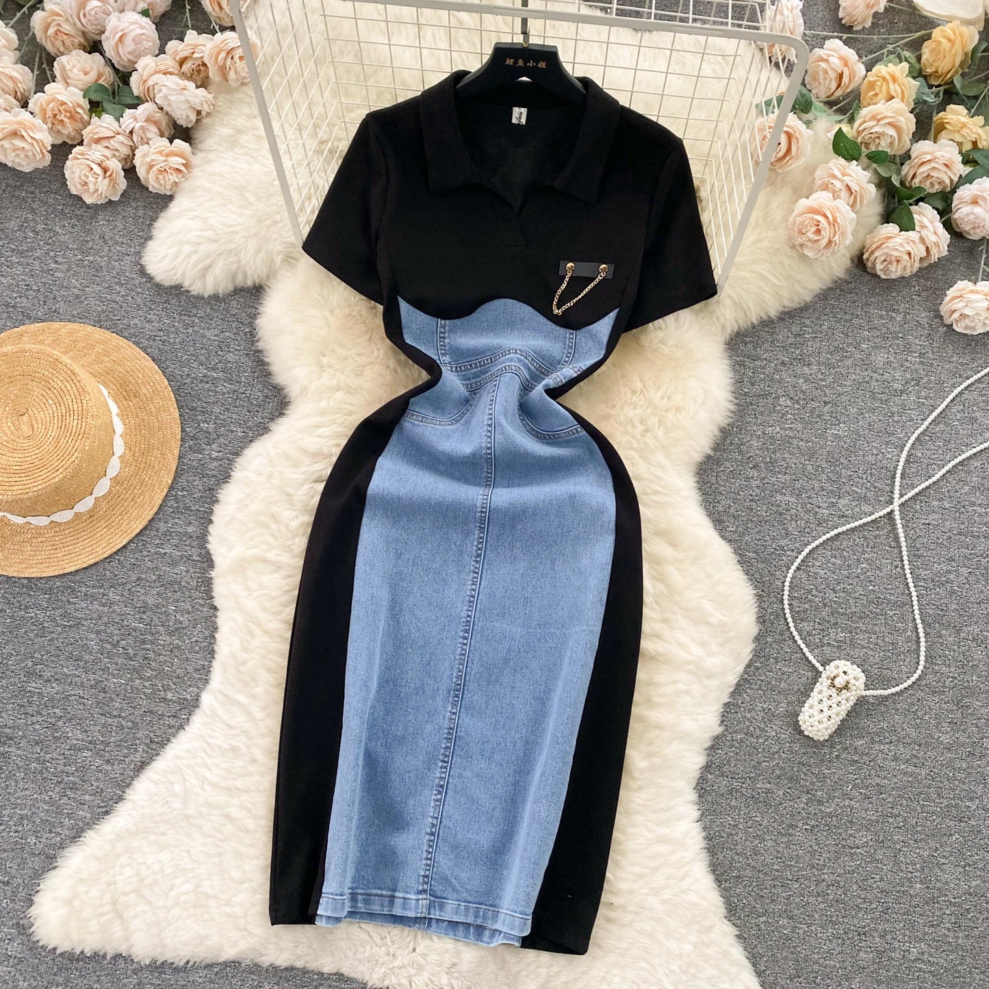 High Waist Bodycon Vestidos Mujer Women 2025 Dresses Contrast Fake Two Piece Dress Casual Fashion Vestido Temperament Robes