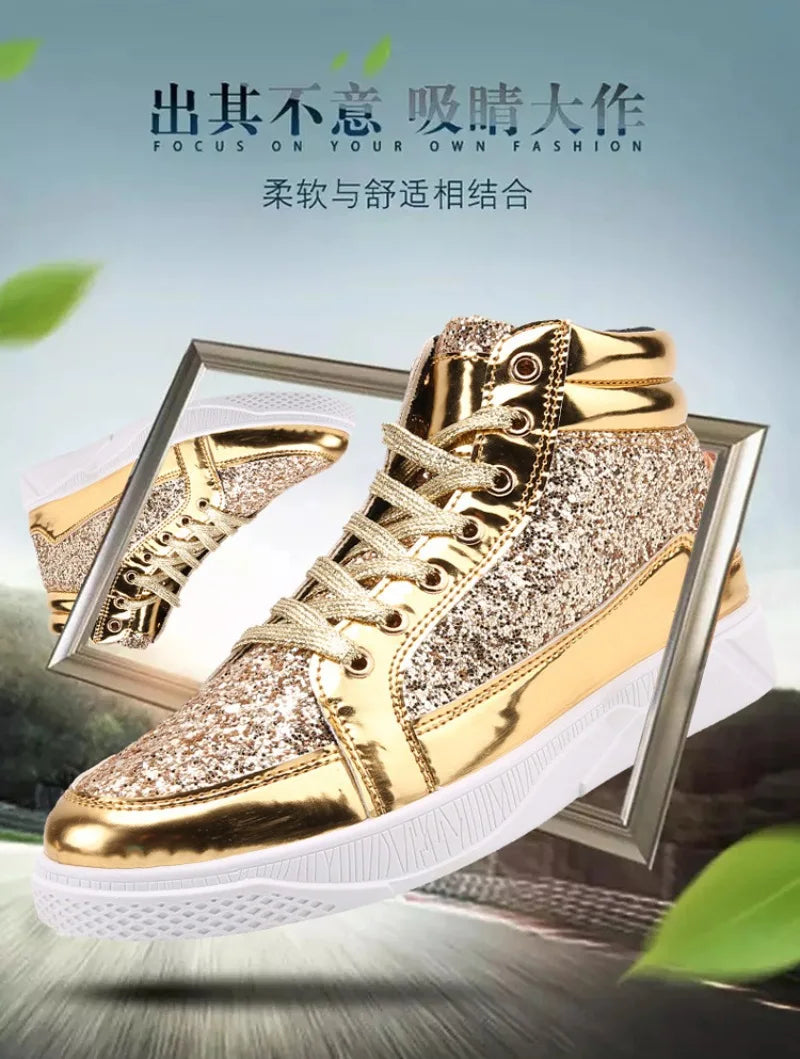 Men's Boots Nightclubs Fashiona Sequins With Diamonds Gold Leather Boots Trendy High Top Sports Casual Shoes Large Size 38-48